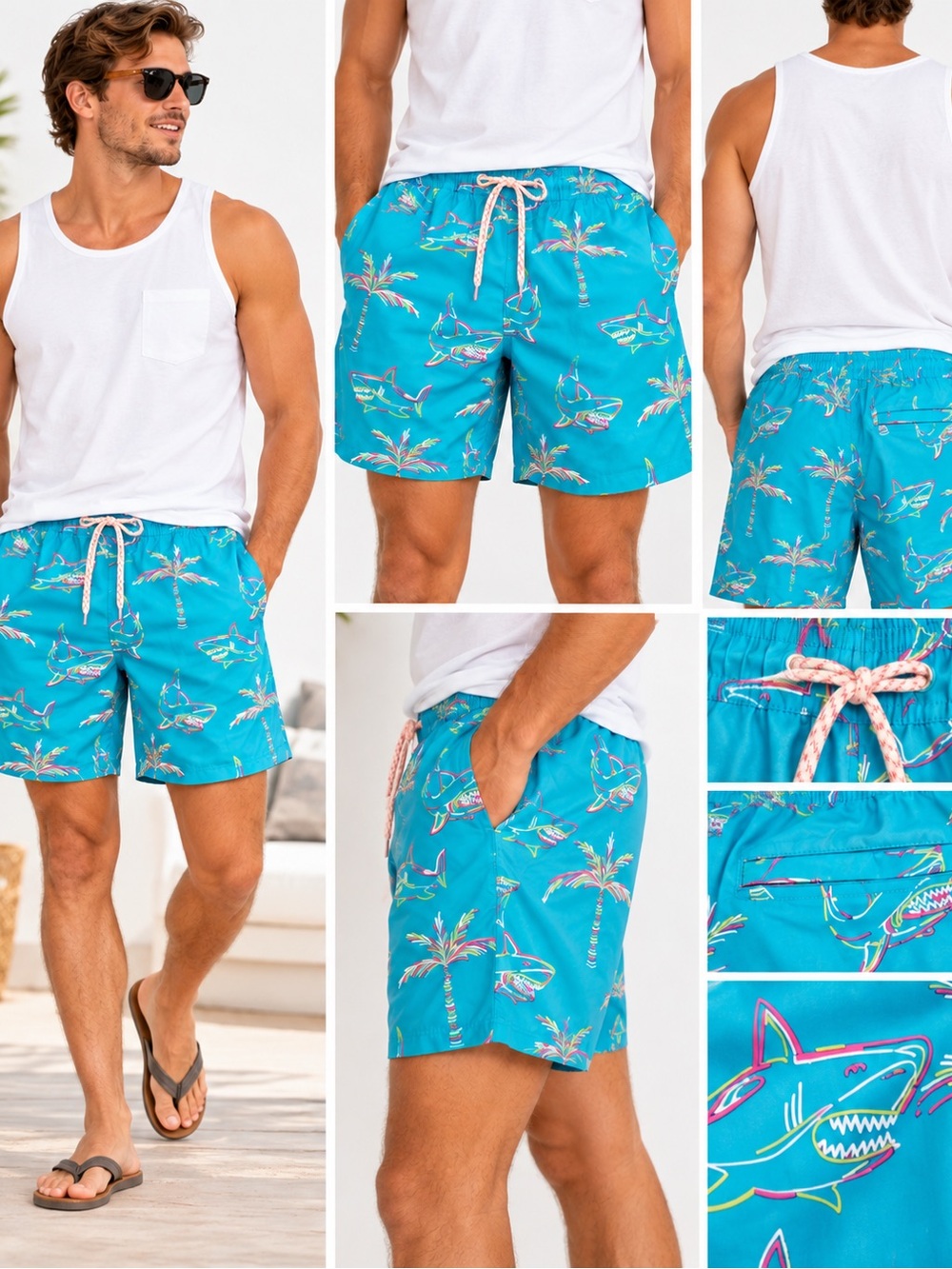 Member's Mark Men's Resort Swim Trunks Shark Palm Tree Tropical UPF 50 NWT LRG